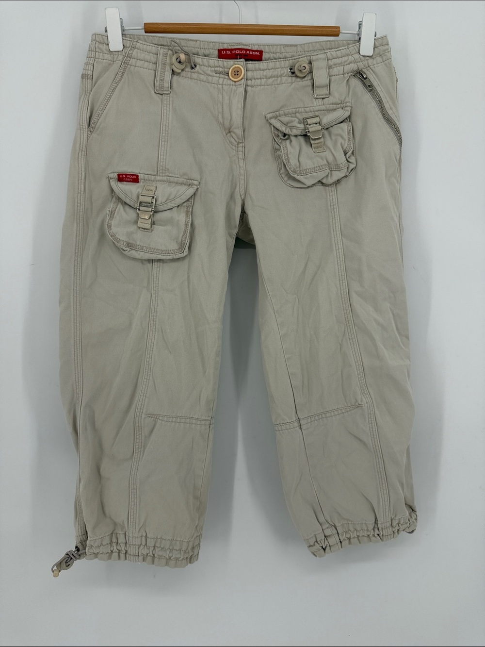 Y2K U.S. Polo Assn Cargo Capri Pants Size 7/8 Beige Utility Parachute